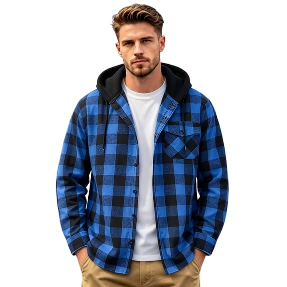 Havenx Men's Flannel Plaid Hoodie Shirts Long Sleeve Button Down Hooded Jacket Shirts with Chest Pocket Drawstring Jacket Casual Stylish Fall Winter Lightweight Clothes