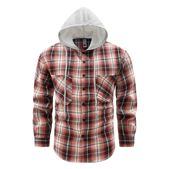 Havenx Men's Flannel Plaid Hoodie Shirts Long Sleeve Button Down Hooded Shirt with Chest Pockets Drawstring Hoodies Casual Stylish Fall Winter Lightweight Outfits