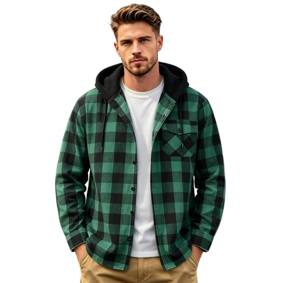 Havenx Men's Flannel Plaid Hoodie Shirts Long Sleeve Button Down Hooded Shirt Jackets with Chest Pocket Drawstring Jacket Fall Winter Lightweight Loose Fit Casual Clothes