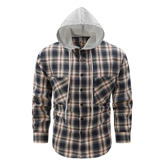 Havenx Men's Flannel Plaid Hoodie Shirts Long Sleeve Button Down Hooded Shirt Jackets with Chest Pockets Drawstring Jackets Stylish Lightweight Fall Winter Loose Fit Clothes