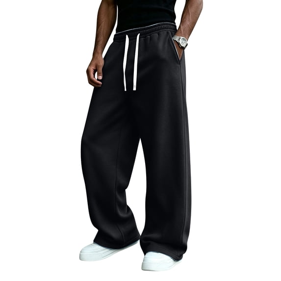Havenx Men's Fleece Baggy SweatpantsMen Straight Wide Leg Drawstring Jogging Pants with Pockets Elastic Waist Open Bottom Sweatpants Lightweight Gym Lounge Soft Fall Winter Streetwear,Black M