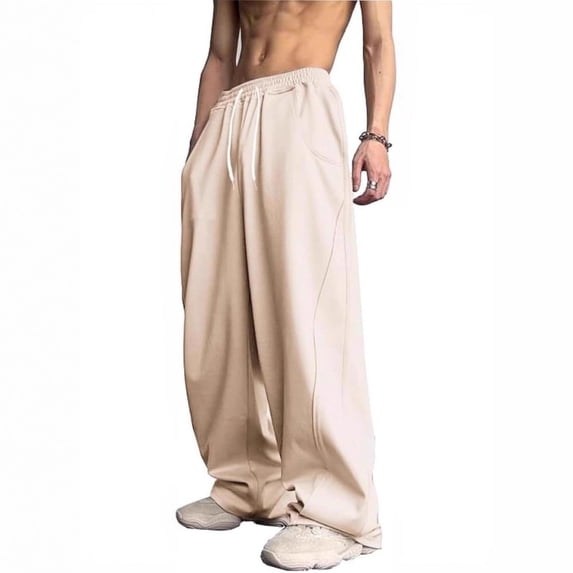 Havenx Men's Fleece Baggy SweatpantsMen Straight Wide Leg Drawstring Pants with Pockets Elastic Waist Open Bottom Sweatpant Lightweight Gym Lounge Soft Fall Winter Trousers,Beige XL
