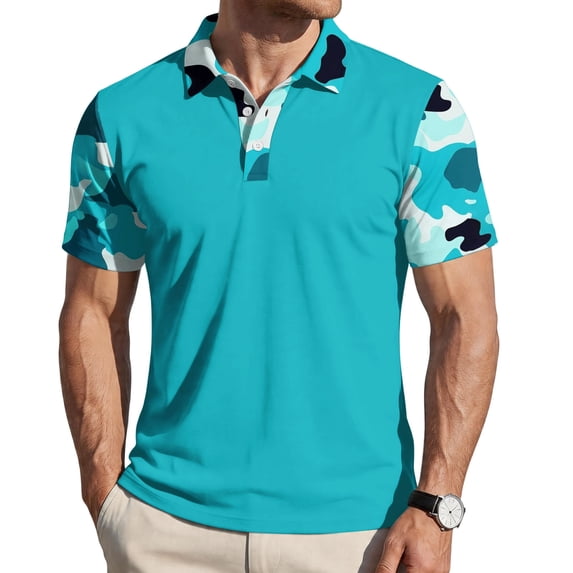 Havenx Men's Golf Polo Shirts Short Sleeve Button Down Shirts Camo Printed Raglan Collared T Shirt Athletic Casual Golf Classic Fit Wear,Light Blue S