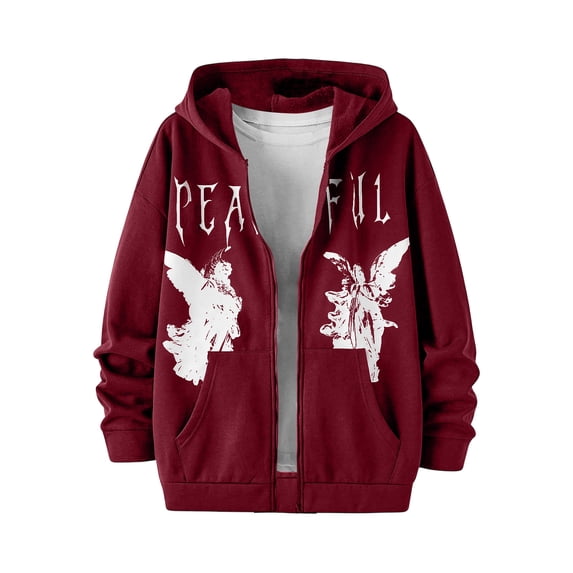 Havenx Men's Graphic Zip Up Hoodies Letter Print Long Sleeve Hooded Sweatshirts with Pockets Sweatshirt Jacket Vintage Y2k Grunge Streetwear,Wine M