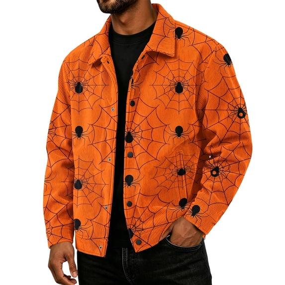 Havenx Men's Halloween Print Corduroy Jacket Long Sleeve Button Down Jacket with Pockets Lapel Collar Coats Loose Fit Fall Winter Vintage Casual Clothing,Saffron 3XL