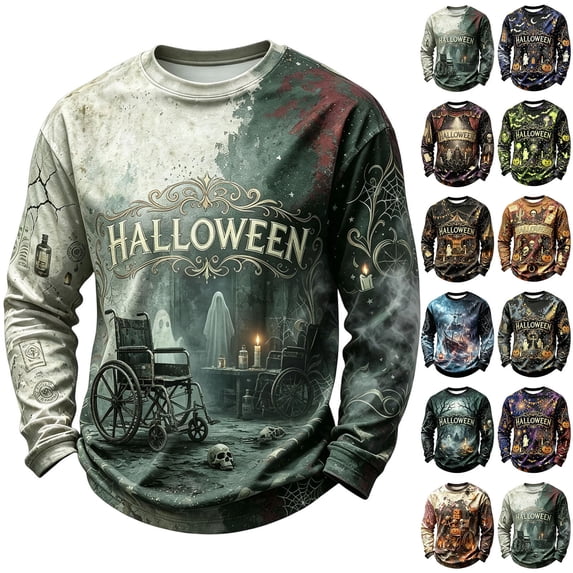 Havenx Men's Halloween Shirts Pumpkin Print Waffle-Knit Shirts Long Sleeve Crewneck Tshirts Lightweight Casual Retro Spooky Scary Funny Tees,Khaki S