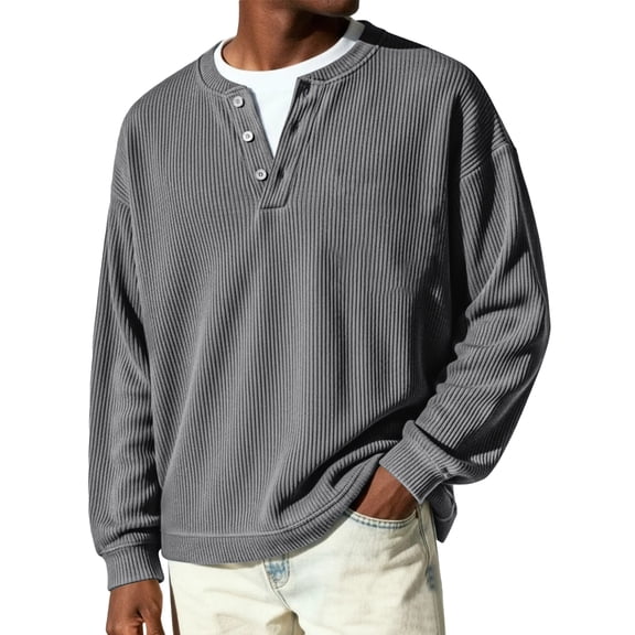 Havenx Men's Henley Long Sleeve Sweaters Button Ribbed Pullover Sweater Crewneck Long Sleeve Textured Pullover Soft Warm Casual Stylish Fall Lightweight Clothes,Gray M