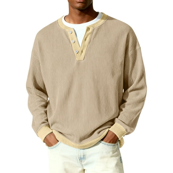Havenx Men's Henley Long Sleeve Sweaters Quarter Button Ribbed Knit Sweater Crewneck Long Sleeve Textured Sweat Shirts Casual Stylish Lightweight Slim Fit Classic Clothing,Khaki S