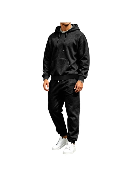 Men's Hoodie Tracksuit 2 Pieces Set Long Sleeve Drawstring Hoodies and Sweatpants Set with Pockets Solid Color Tracksuit Set 2026 Fall Athletic Workout Jogging Soft Jogging Suit,Black M