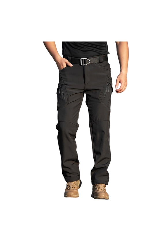 Men's Insulated Work Pants Fleece Lined Ripstop Pants Waterproof Elastic Waistband Cargo Pants Multi Pockets Construction Quick Dry Comfy Fit Baggy Work Casual Travel Dress,Black M