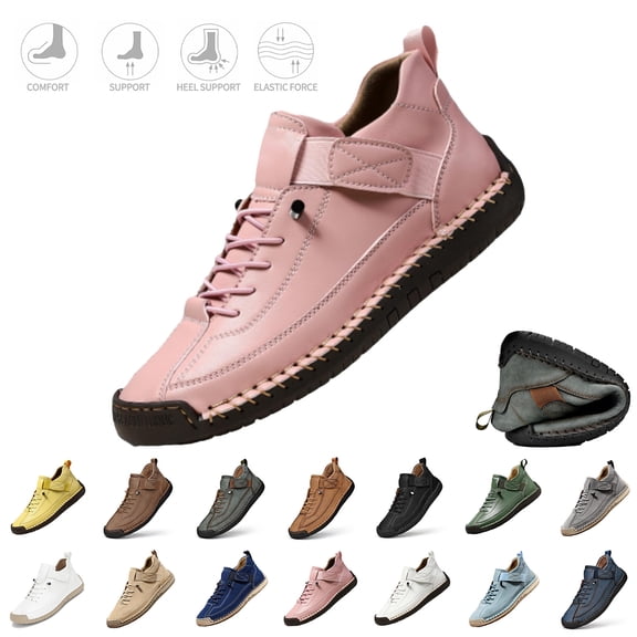 Havenx Men's Leather Chukka Boots Hand-Stitched Slip on Waterproof Flats Ankle Boots Casual Retro High Top Flat Comfy Shoes,Pink 38(US-7)