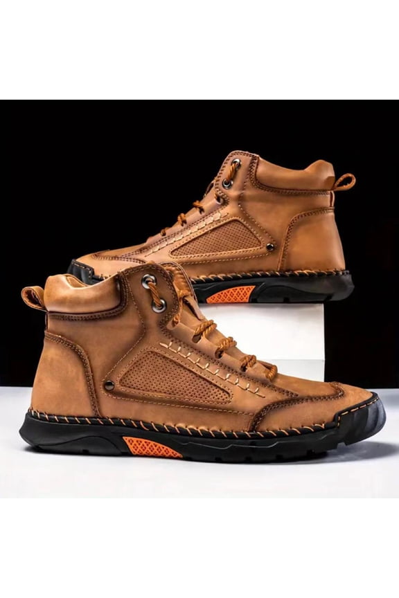Men's Leather Hand Stitching High Top Ankle Boots Work Casual Comfortable Boots Waterproof Wide Toe Arch Support Non-Slip Side Zipper Mid Driving Chukka Loafers,Brown 42(US-8.5)