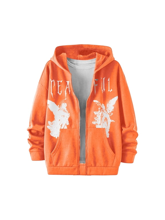 Men's Letter Print Graphic Hoodies Zip Up Long Sleeve Hooded Shirts with Pockets Jacket Vintage Y2k Grunge Streetwear,Orange 2XL