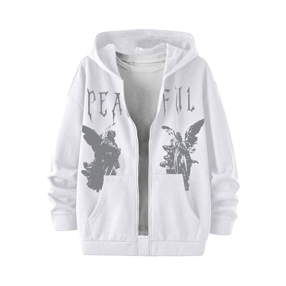 Havenx Men's Letter Print Graphic Hoodies Zip Up Long Sleeve Hooded Sweatshirt with Pockets Jacket Grunge Vintage Y2k Streetwear,White M