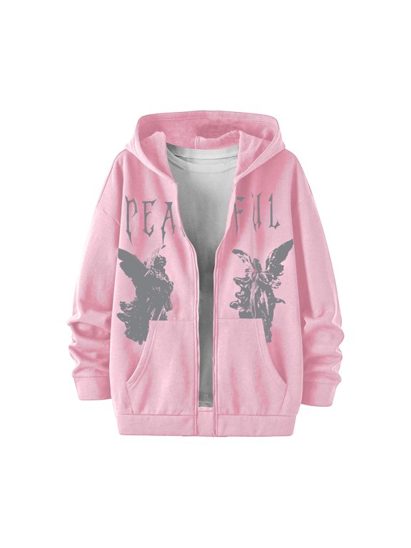 Men's Letter Print Graphic Hoodies Zip Up Long Sleeve Hooded Sweatshirt with Pockets Jacket Y2k Vintage Grunge Clothes Streetwear,Pink L