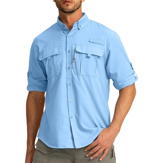 Havenx Men's Long Sleeves Fishing Shirts Button Down Lapel Collar Shirts with Zipper Pockets Solid Color Clothes Cooling Camping Travel Summer Outdoor Clothing,Light Blue 3XL