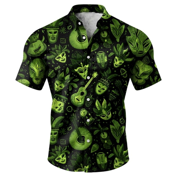 Havenx Men's Mardi Gras Shirts Button Up Carnival Printed Outfits Short Sleeve Collared Tee Shirt Casual Loose-Fit Carnival Party Classic Clothes,Deep Green L