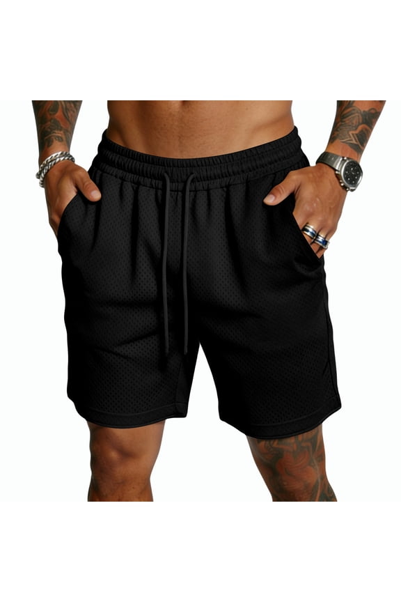 Men's Mesh Performance Shorts Drawstring Elastic Waist Short with Pockets Fast Dry Mesh Short Pants Athletic Running Training Summer Beach Clothes,Black L