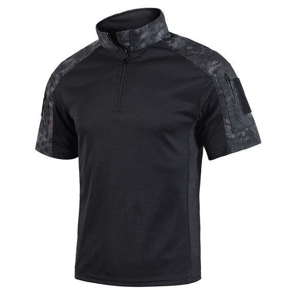 Havenx Men’s Military Short Sleeve Shirts Camo 1/4 Zipper Shirts with Pockets Stretch Top Hiking Outdoor Casual Summer Athletic T-Shirt,Black 3XL