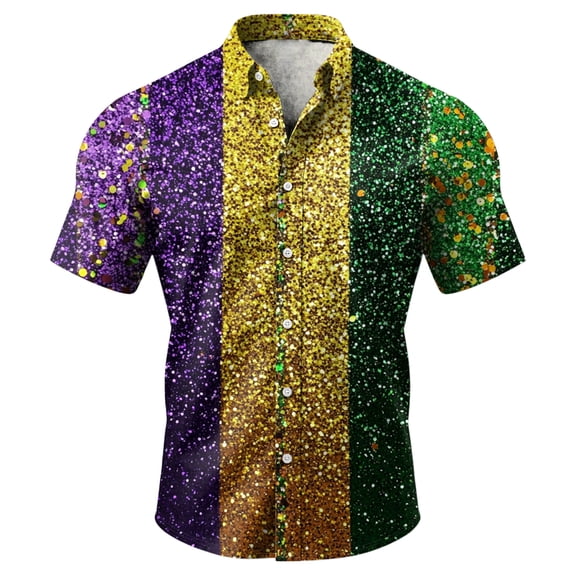 Havenx Men's Neon Shirts Carnival Mask Print Button Up Outfit Collared Short Sleeve Tees Holiday Party Loose-Fit Carnival Casual Outfits Tops,Fluorescence Yellow XL