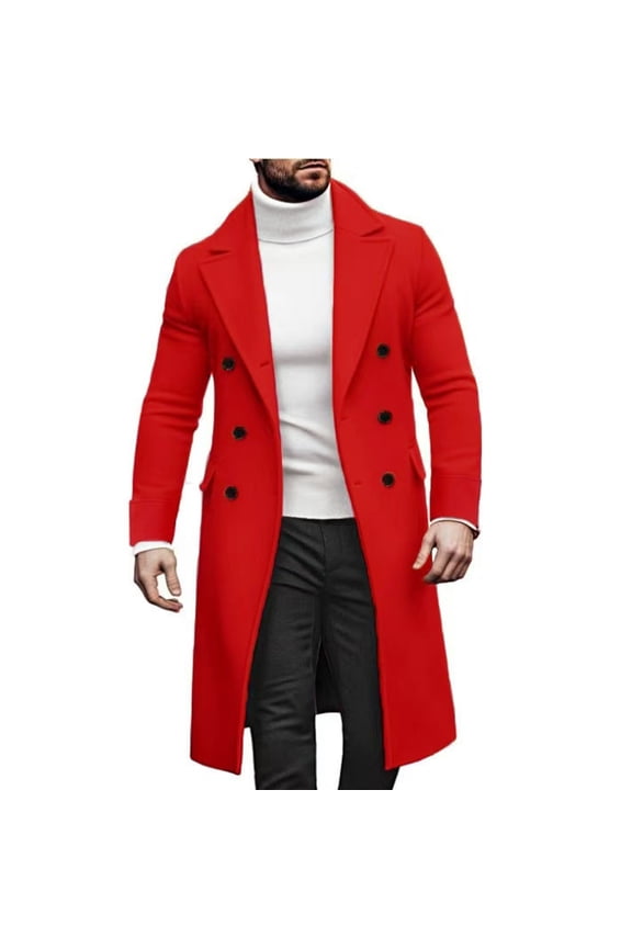Men's Overcoat Double Brested Long Trench Coat Notched Collar Lapel Wool Blend Pea Coats with Pockets Windbreaker Business Classic Winter Trench Coat Jackets,Red 3XL