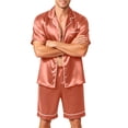 thumbnail image 1 of Havenx Men's Pajamas Set Silk Satin Short Sleeve Button Up Top and Elastic Waist Drawstring Shorts with Pockets Sets Lightweight Soft Summer Vacation Lounge Loungewear,Pink 4XL, 1 of 5