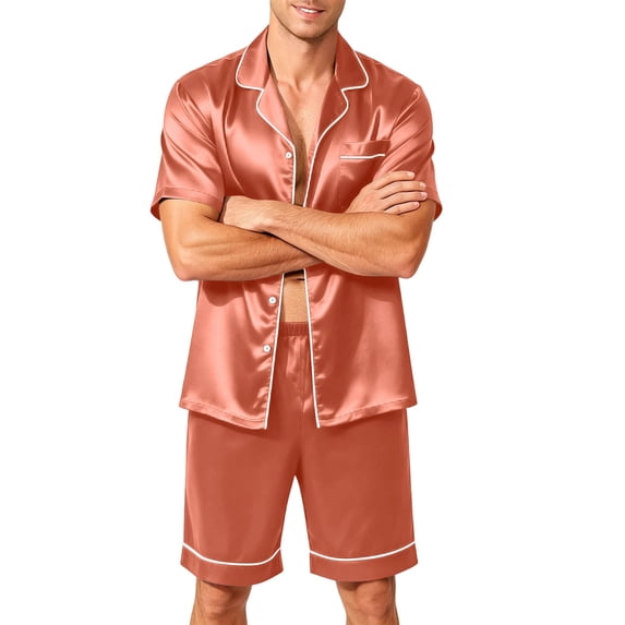 Havenx Men's Pajamas Set Silk Satin Short Sleeve Button Up Top and Elastic Waist Drawstring Shorts with Pockets Sets Lightweight Soft Summer Vacation Lounge Loungewear,Pink 4XL