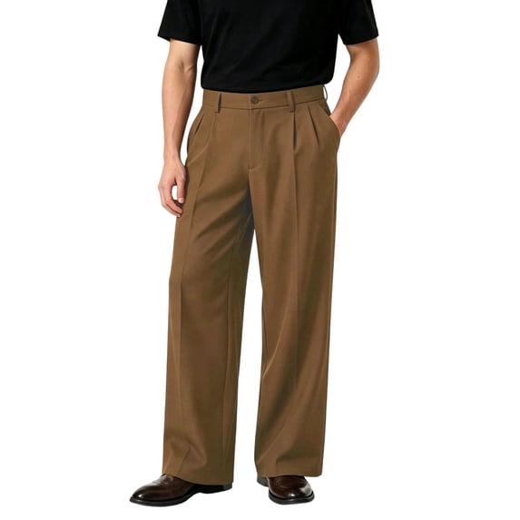 Havenx Men's Pleated Wide Leg Dress Pants Elastic Waist Straight Leg Dress Pants with Pockets Button Slacks Breathable Old Money Work Office Business Wear,Coffee 2XL