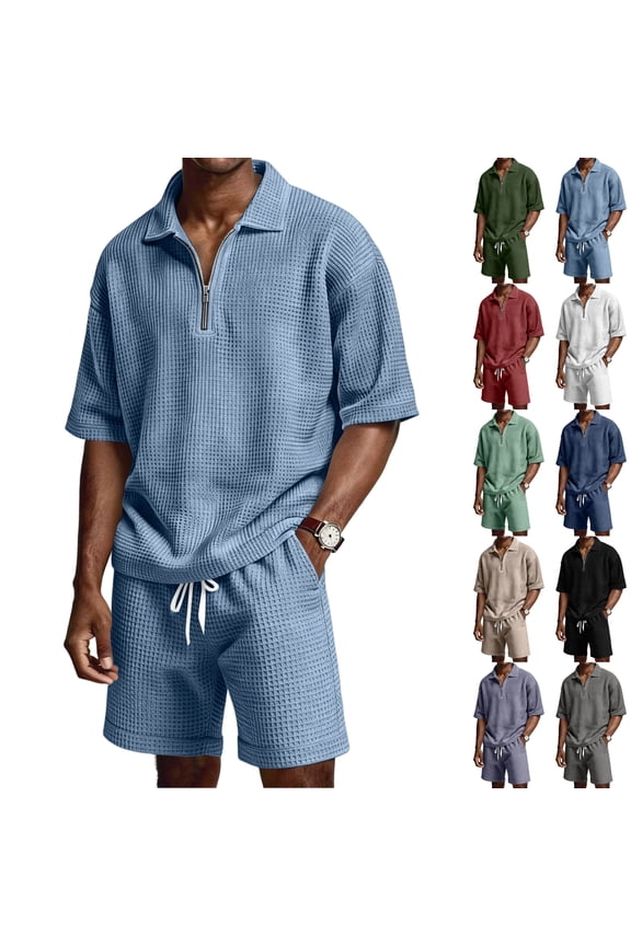 Men's Polo Shirt and Shorts Set Waffle Knit Short Sleeve Shirt and Shorts Set with Pockets Quarter Zip Textured Suit Fashion Vacation Beach Summer Athletic Joggers Tracksuit,Light Green M