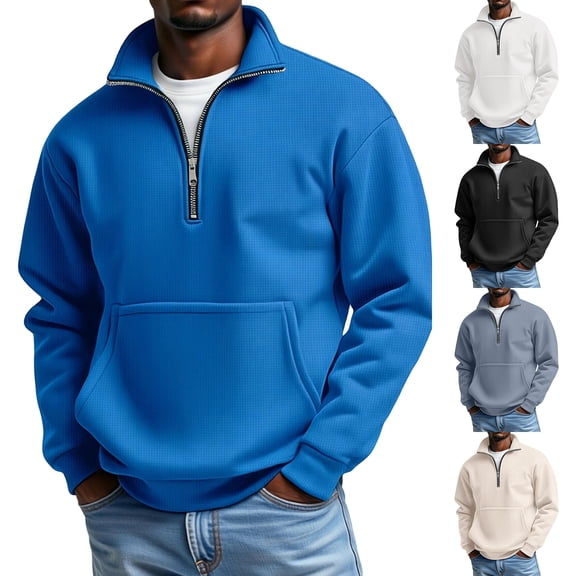 Havenx Men's Quarter Zip Long Sleeve Sweatshirts Waffle Mock Neck Sweater with Pockets 1/4 Zipper Polos Lightweight Casual Comfy Fall Winter Workout Golf Tops,Royal Blue 2XL