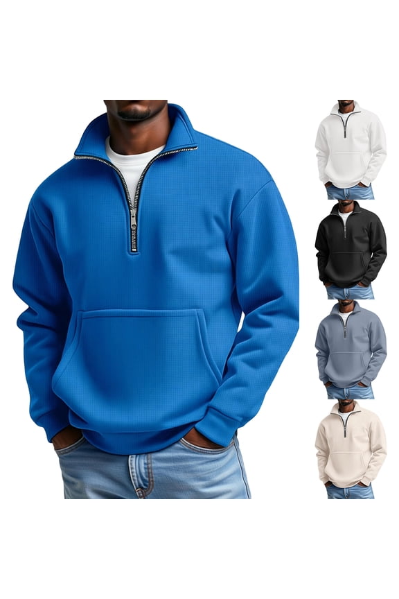 Men's Quarter Zip Pullover Sweater Waffle Long Sleeve Sweatshirts with Pockets Mock Neck Shirts 1/4 Zipper Gym Athletic Workout Lightweight Warm Business Golf Tops,Black L