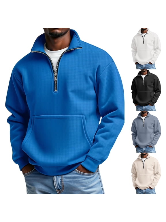 Men's Quarter Zip Pullover Waffle Knit Long Sleeve Sweater with Pockets Mock Neck Polo Shirt 1/4 Zipper Gym Athletic Workout Lightweight Warm Business Pullover Top,White L