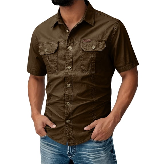 Havenx Men's Safari Cargo Shirt Short Sleeve Button Down Cargo Shirt with Pockets Collared Top Work Comfy Camping Work Hiking Casual Clothes,Coffee XL