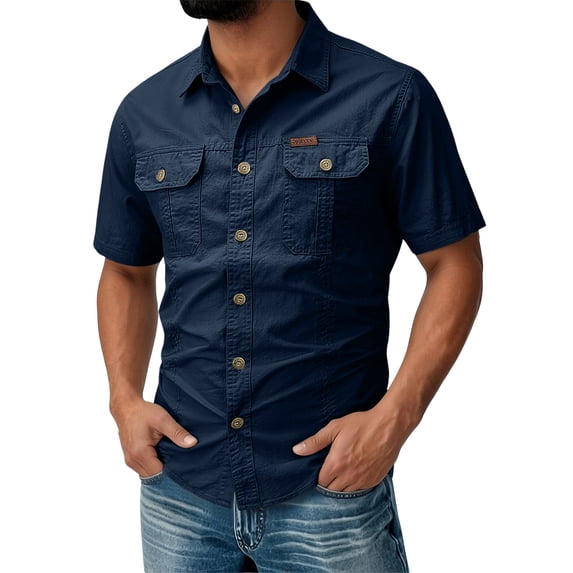 Havenx Men's Safari Cargo Shirt Short Sleeve Button Up Cargo Shirt with Pockets Collared Tops Work Comfy Camping Work Hiking Casual Clothes,Dark Blue S