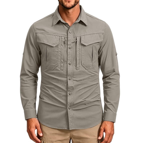 Havenx Men's Safari Fishing Shirts Long Sleeve Button Down Upf 50+ Shirts with Zipper Pockets Sun Protection Tops Cooling Camping Travel Work Summer Outdoor Clothing,Khaki 3XL