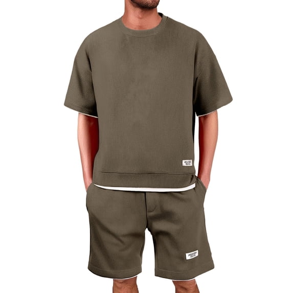 Havenx Men's Sets 2 Piece Outfits Oversized Waffle Knit Short Sleeve Crewneck Shirt and Drawstring Short Sets with Pockets Set Comfy Athletic Casual Summer Beach Vacation Clothes,Coffee M