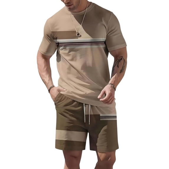 Havenx Men's Sets 2 Piece Outfits Short Sleeve Crew Neck T-Shirts Drawstring Elastic Waist Shorts Outfits with Pockets Color Block Set Summer Vacation Breathable Athletic Activewear,Coffee 4XL