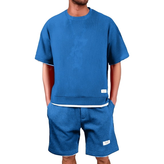 Havenx Men's Short 2 Pieces Set Oversized Waffle Knit Short Sleeve Crewneck T-Shirts and Drawstring Shorts with Pockets Set Tracksuit Casual Comfy Athletic Summer Beach Vacation Sweatsuit,Blue L