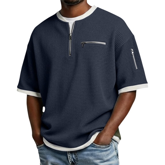Havenx Men's Short Sleeve Waffle Shirts 1/4 Zip Textured Knit T-Shirts with Zipper Pockets Waffle Contrast Color Polo Shirt Big and Tall Athletic Workout Pullover Shirts,Navy 2XL
