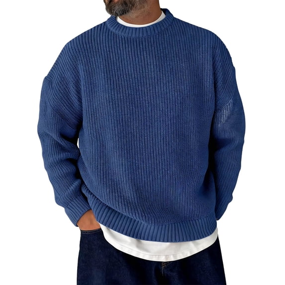 Havenx Men's Sweatshirts Crewneck Long Sleeve Knitted Sweat Shirts Solid Color Sweater Fall Thermal Loose Fit Outdoor Fashion Outfits,Navy M