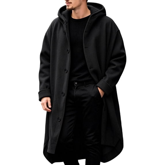 Havenx Men's Trench Coat Hooded Long Sleeve Single Breasted Jacket with Pockets Button Down Overcoat Fall Winter Lightweight Loose Fit Casual Outerwear