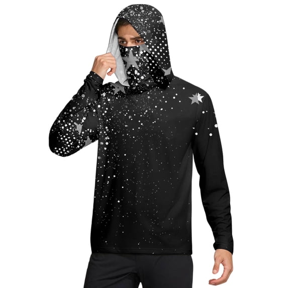 Havenx Men's Upf 50+ Sun Protection Hooded Shirt Texture Print Long Sleeve Shirt with Mask Rapid Dry Hoodie Shirt Outdoor Fishing Lightweight Casual Summer Blouse,Black L