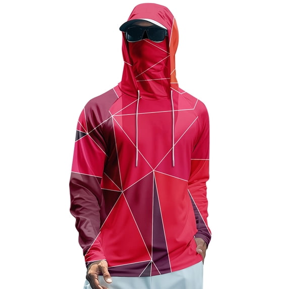 Havenx Men's Upf 50+ Sun Protection Shirt Gradient Color Geometry Long Sleeve Hoodies with Mask Rapid Dry Hoodie Shirt Hiking Running Fishing Athletic Workout Blouses,Red L