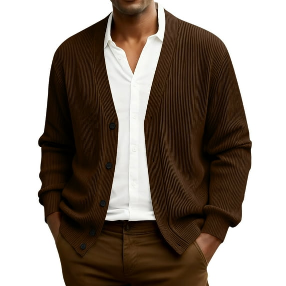 Havenx Men's V Neck Cardigan Sweater with Buttons Long Sleeve Cardigans Ribbed Knit Collar Outwear Solid Color Soft Comfy Warm Lightweight Casual Coat,Coffee 5XL