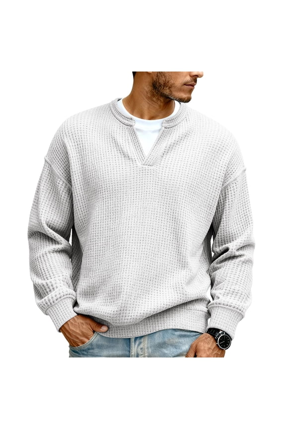 Men's V Neck Waffle Knit Shirts Long Sleeve Textured Sweaters Waffle Knitted Solid Color Pullovers Slim Fit Fall Casual Basic Thermal Pullover Tops,White 4XL