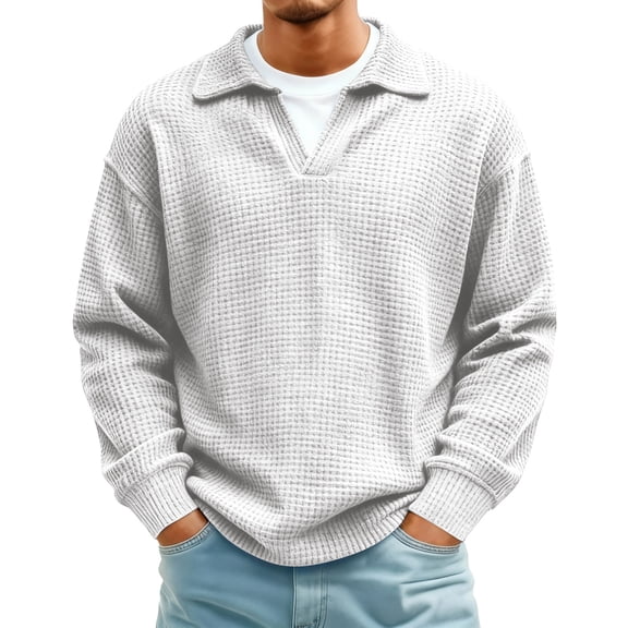Havenx Men's V Neck Waffle Knit Sweaters Long Sleeve Textured Shirts Waffle Knitted Solid Color Pullovers Slim Fit Fall Casual Basic Thermal Pullover Tops,White XL