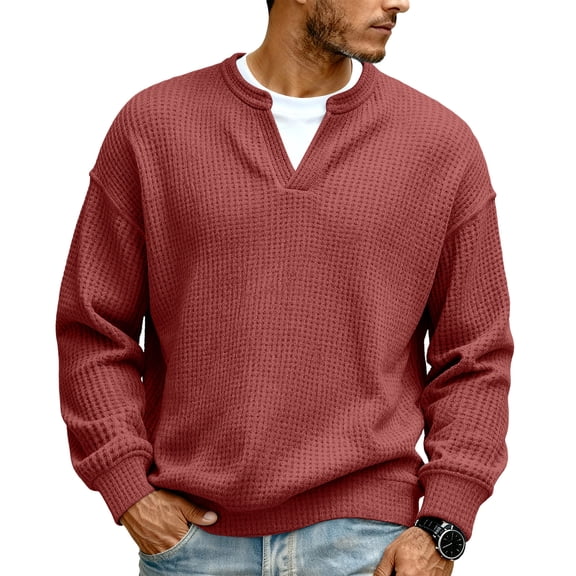 Havenx Men's V Neck Waffle Knit Sweaters Long Sleeve Textured Sweaters Waffle Knitted Solid Color Tops Fashion Spring Relaxed Fit Workout Pullover Sweater,Wine M