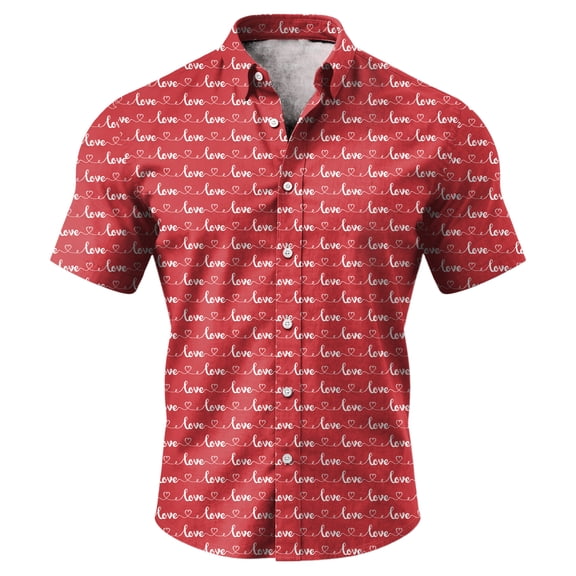 Havenx Men's Valentines Day Dress Shir Button Down Heart Print Shirt Short Sleeve Lapel Tops Stylish Casual Valentines Day Lightweight Clothing,Red L