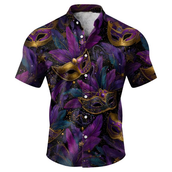 Havenx Men's Valentines Day Dress Shir Button Up Love Heart Print Shirts Short Sleeve Lapel Tee Shirt Valentines Day Heart Regular Fit Party Dress Shirts,Dark Purple S