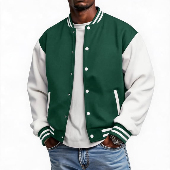 Havenx Men's Varsity Baseball Jacket Long Sleeve Button Down Bomber Jackets with Pockets Stand Collar Letterman Jacket Stylish Lightweight Fall Winter Loose Fit Clothes